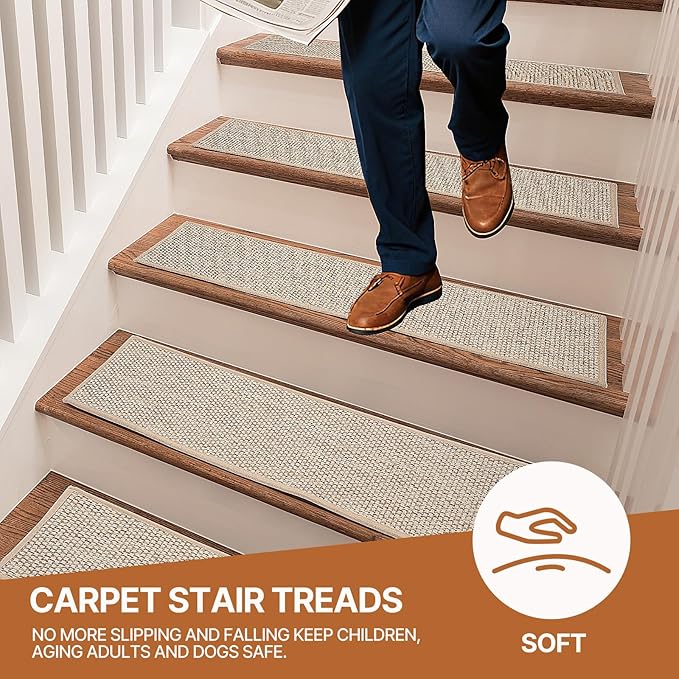Non Slip Stair Treads for Wooden Stairs, 8" x 30" Staircase Step Treads, 100% Linen, Reusable Adhesive, Indoor, for Kids, Seniors & Dogs(Beige, 15pcs)