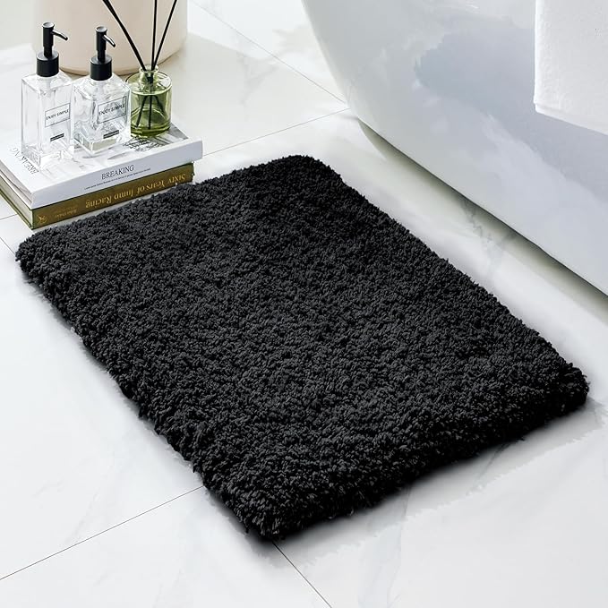 Bathroom Rugs, Ultra Thick Shaggy Soft Microfiber Absorbent Bath Rug, High Density Foam Latex Non Slip Backing, Machine Washable Bath Mats for Bathroom Floor & Sink 24x17, Black