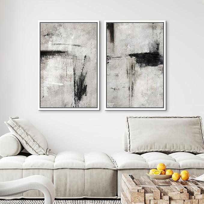 MUDECOR Framed Canvas Print Wall Art Grey Black Abstract Shape Illustrations Modern Art Decorative Bohemian Colorful Chic for Living Room, Bedroom, Office - 16"x24"x2 White