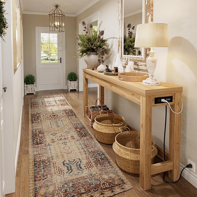 Cyclysio 63" Console Tables for Entryway, Long Console Tables for Living Room, Behind Couch Table, Sturdy Wood Support Farmhouse Entryway Table with 3AC+2USB Charging‌ Station, Natural Oak