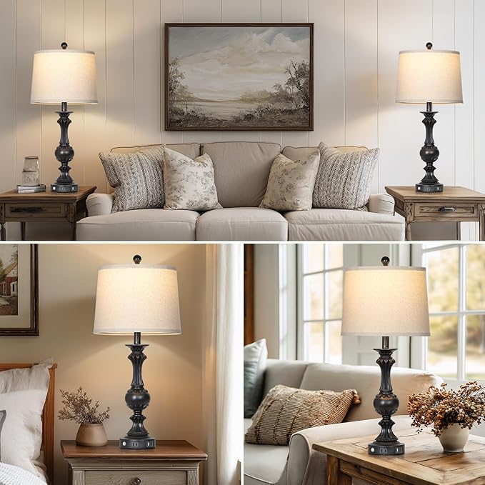 28" Black Farmhouse Table Lamps Set of 2, Rustic Lamps for Living Room with USB C+A Ports & AC Outlet, 3 Way Touch Control Bedroom Lamp, Retro Tall Bedside Lamp for Nightstand Side Table