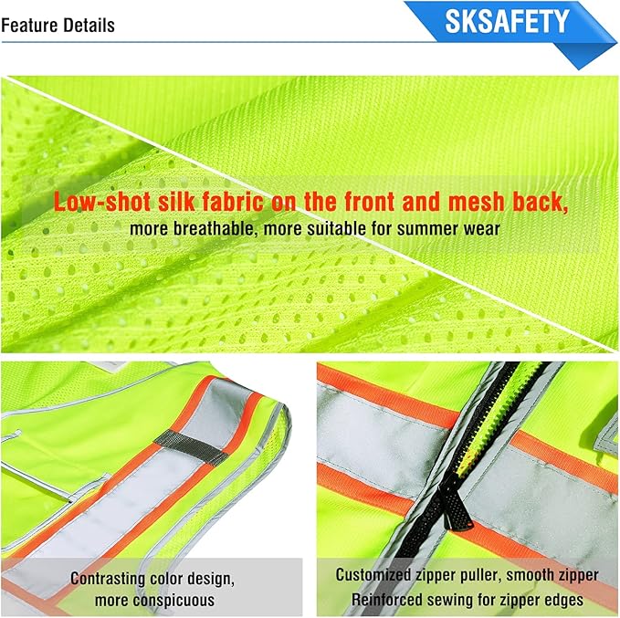 SKSAFETY 10 Pockets Safety Vest, Class 2 High Visibility Security with Zipper Back Mesh, Hi Vis Vest with Reflective Strips, ANSI/ISEA Standard, Construction Work Vest for Men ＆ Women （Lime, 3XL）