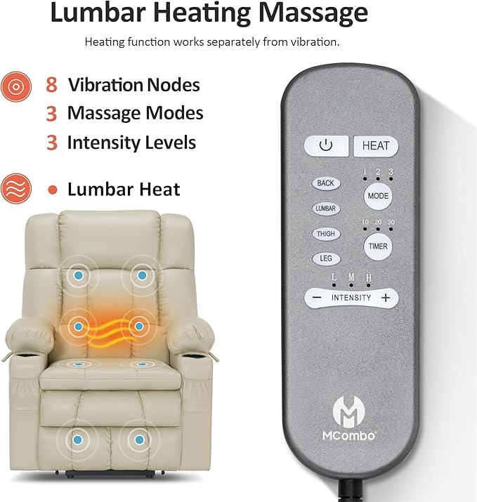 MCombo Dual Motor Large Power Lift Recliner Chair for Elderly, Lay Flat Lift Chair with Heat and Massage, Big Lift Recliner for Tall People, Faux Leather 7896 (Cream White, Large)