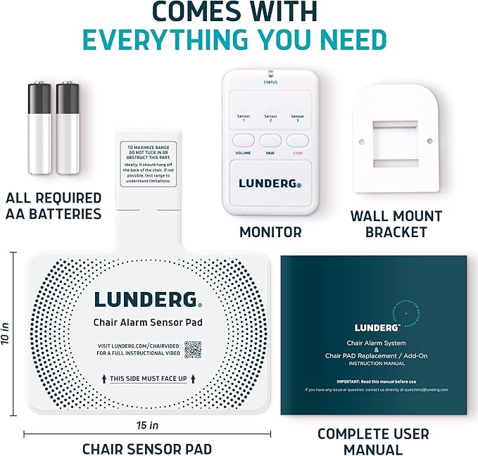 Lunderg Chair Alarm System - Wireless Chair Alarms and Fall Prevention for Elderly and Dementia Patients - Smart and Reliable Elderly Monitoring Kit for Caregiver - Perfect Complement to Bed Alarm