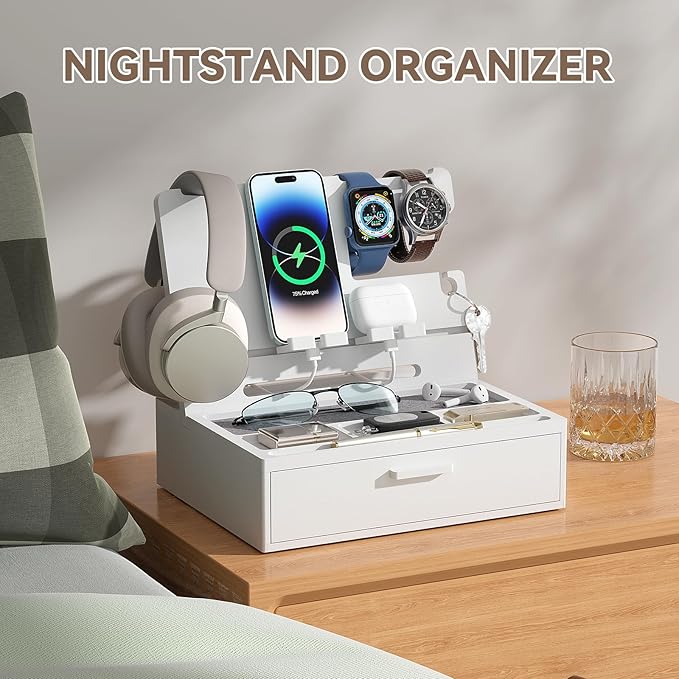 Pezin & Hulin Wooden Charging Station, Bedside Nightstand Tray, with Spacious Drawer, Felt Pads for Phones, Watch, Idea Gifts for Him Birthday, Son, Christmas for Papa Fathers Day (White)