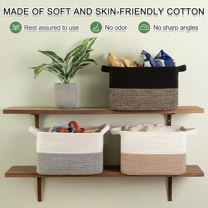 OIAHOMY Woven Storage Basket for Shelves, Rectangle Cotton Rope Baskets for Organizing, 13 x 10 x 9 in, Storage Bins for Dog Toys,Towel,Books,Gift,Grey and White