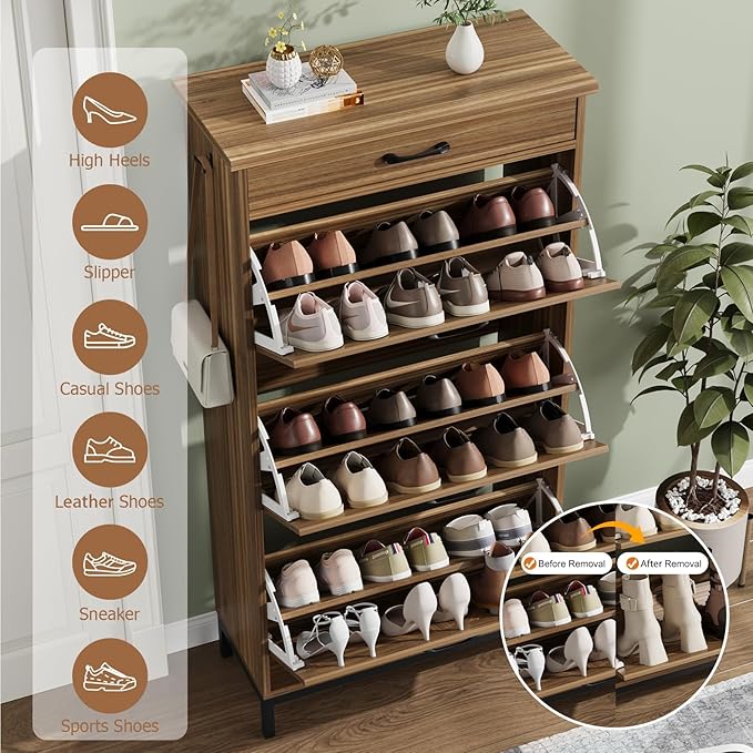 Shoe Cabinet Storage for Entryway with 3 Flip Drawers and 1 Top Drawer, Freestanding Hidden Narrow Shoe Cabinet with Metal Legs for Foyer, Hallway (Brown)