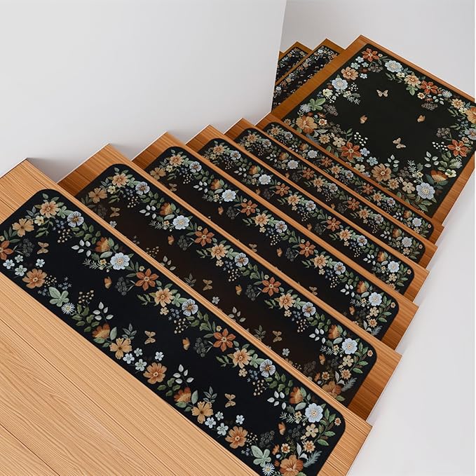 OJIA Floral Stair Treads Non-Slip Matching Mat for Wooden Steps, Square Capet Stair Treads Rubber Backing Stair Runner Anti-Slip Stair Landing Mat 31x31 Inch Stair Rugs