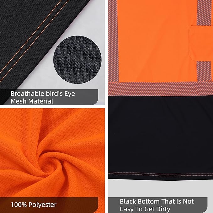 FONIRRA Safety Shirts for Men High Visibility Reflective ANSI Class 2 Hi Vis Construction Work T Shirts Long Sleeve