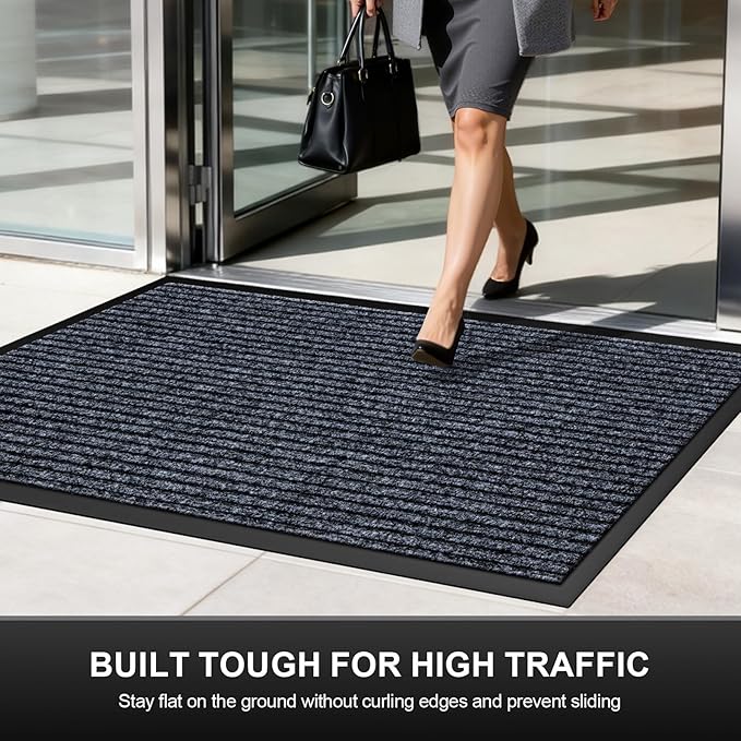 Non-Slip Waterproof Rubber Door Mat, 3' x 5' Commercial Floor Mat for High Traffic Areas, Easy Clean Low Profile, for Entrance, Indoor/Outdoor, Office, Patio, Garage