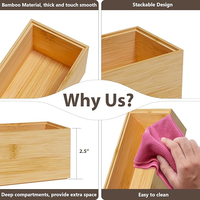 Kitchen Drawer Organizer Bins, Stackable Bamboo Deep Drawer Organizer for Silverware, Utensils, Cutlery, Flatware, Junk Drawer, Dresser, Bathroom, 12" x 3" x 2.5" (Set of 2)