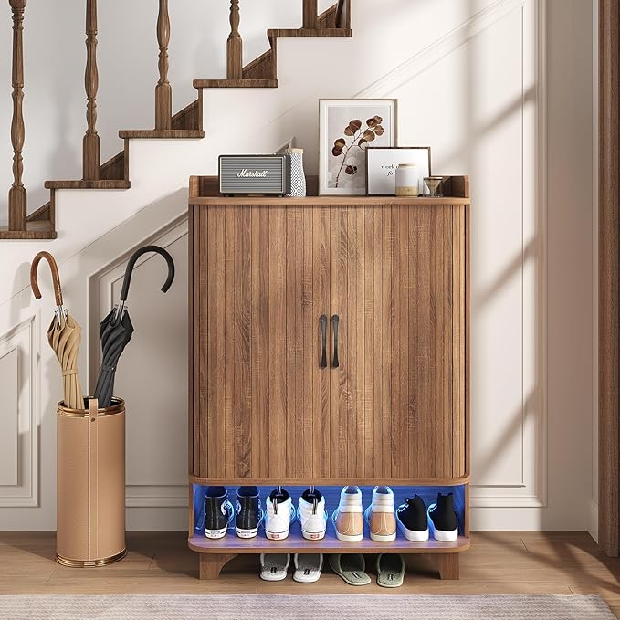 Maupvit 6-Tier Shoe Cabinet with Fluted Sliding Tambour Doors, Entryway Shoe Storage Cabinet with Led Light & Open Storage, 4 Adjustable Shelf, Shoes Rack Organizer for Entryway, Hallway, Living Room