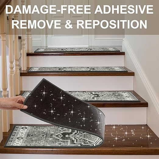 Non Slip Stair Treads for Wooden Steps Indoor, Dark Grey, 15pcs, 30"X8", Soft Carpet Mat, Machine Washable Boho Carpet Treads with Reusable Adhesive Backing, Safety Stair Tread for Dogs, Kids, Elders