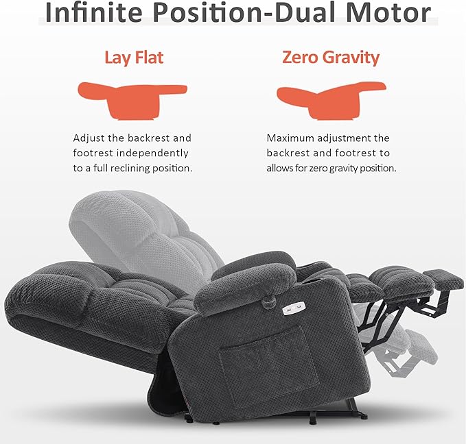 MCombo Oversized Power Lift Recliner Chair for Elderly, Dual Motor Lift Chair with Heat and Massage, Lay Flat Lift Chair for Big and Tall, Cup Holders, Fabric R7891 (Oversize, Dark Gray)