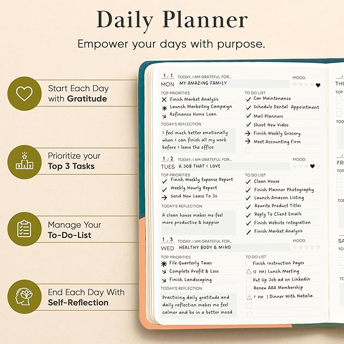 2026 Planner, Daily Journal & Gratitude Journal All-In-One with To Do List, Self Care Prompts & Habit Tracker - 7 x 10 - Green