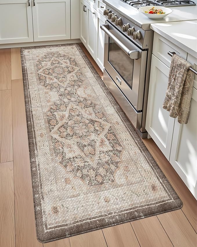 DEXI Kitchen Floor Mats Anti Fatigue, 23x59 Large Cushioned Vintage Runner Rug Waterproof, Standing Comfort Memory Foam Padded for Front Sink Laundry Office, Beige and Brown