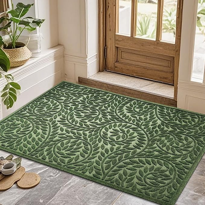 Bulijojo Front Door Mat Entrance,Durable Heavy Duty Welcome Mat,Thick Absorbent Natural Rubber Non Slip Mat,Sturdy Entryway Green 47"x32"