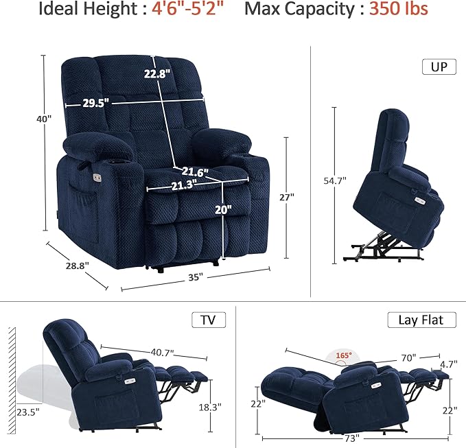 MCombo Dual Motor Power Lift Recliner Chair for Elderly, Lay Flat Lift Chair with Heat and Massage, Petite Lift Chair, Cup Holders, USB A&C Ports, Fabric 7893 (Small, Navy Blue)