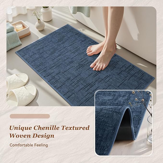 AMOAMI Bath Mat Non Slip Super Absorbent Quick Dry Bath Mats for Bathroom Floor Rubber Backing Washable Bathroom Rugs Modern Woven Jacquard Mat, Beside Tub Bath Rugs, 2'x4', Blue