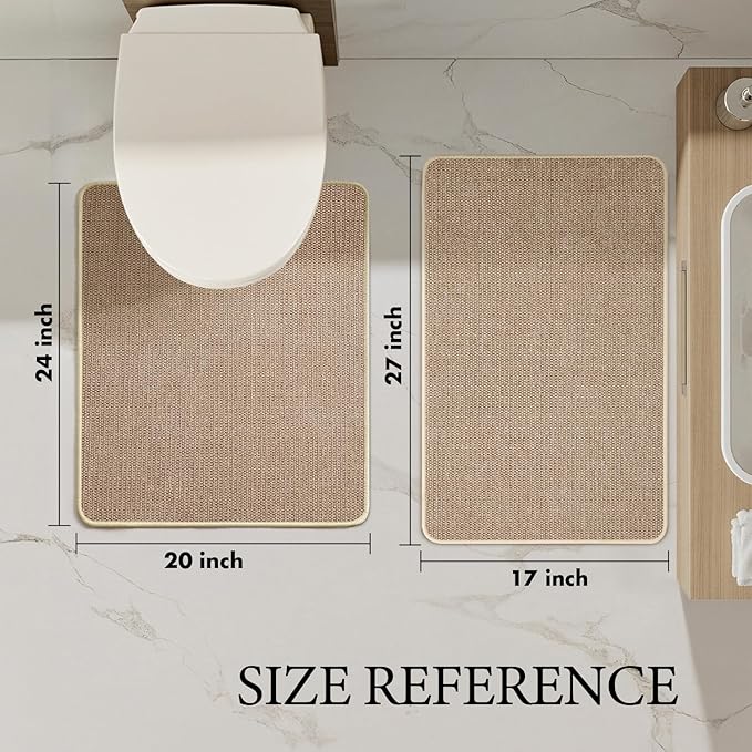 MIULEE Set of 2 Ultra Thin Bathroom Rugs, Rubber Bath Mat, U-Shaped Toilet Rug for Bathroom, Non Slip Quick Dry Absorbent Machine Washable, Fit Under Door, Shower, Sink, Beige, 17"x27"+20"x24"