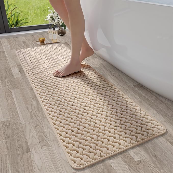 Bathroom Runner Rug Non Slip, Super Absorbent Quick Dry Long Bath Mat, Foam Weave Texture Rubber Backing Ultra Thin Bathroom Mats Fit Under Door Bathroom Floor Bathtub Shower, 16"x 47"