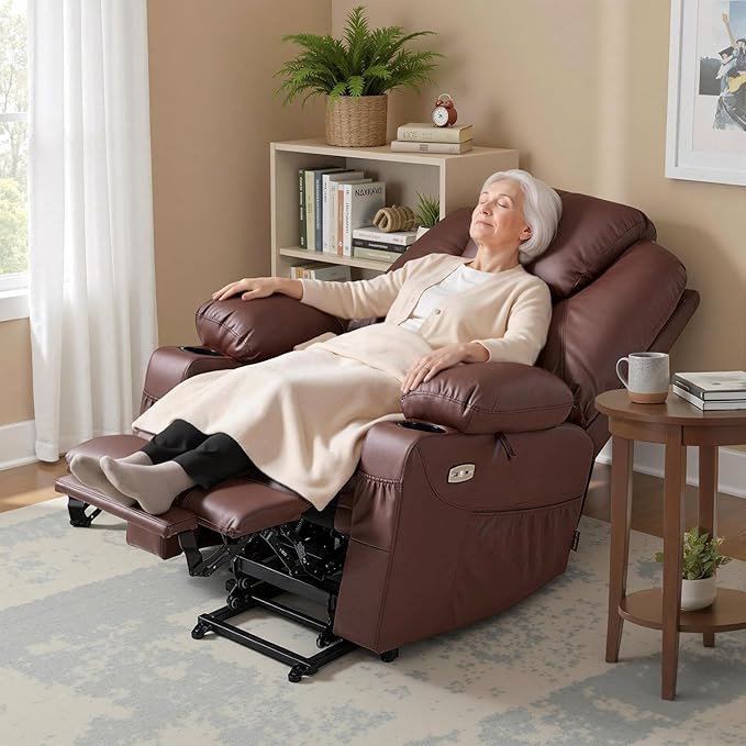 MCombo Power Lift Recliner Chair for Elderly, Lift Chair with Heat and Massage, FSC Certified, USB Ports, Cup Holders, Faux Leather 7141 (Light Brown, Small)