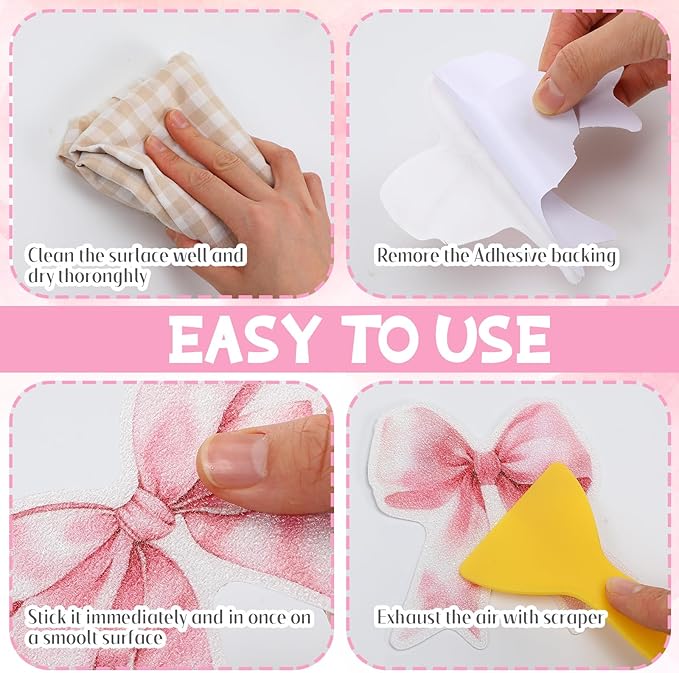 Marspark 30 Pcs Pink Bow Non Slip Bathtub Stickers Cute Bow Anti Slip Shower Stickers with Scraper Pink Bathroom Accessories Coquettish Preppy Girly Women Decor for Bathroom Bathtub