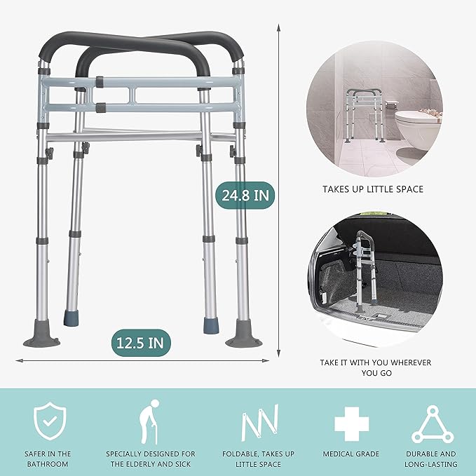 Toilet Safety Rails, Adjustable Toilet Frame for Elderly, Seniors, Handicap & Disabled, Foldable Handicap Toilet Handles Fit Any Toilets (300 LB)