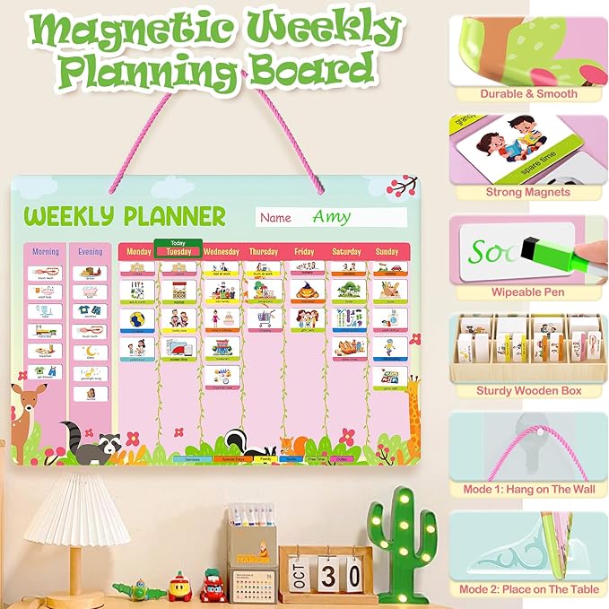 Euclidean Cube Weekly Planner for Kids - Magnetic Behavior Board Calendar with 237 Magnets, Storage Box, Easels, Hooks, Cord & Pen - Daily Routine and Chore Chart - Visual Schedule for Kids 3+ (Animal Theme)