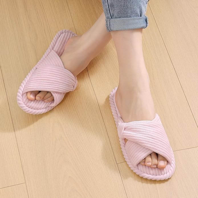 Evshine Fall House Slippers for Women Corduroy Cross Bow Indoor Slippers Open Toe Slip On Bedroom Shoes with Memory Foam
