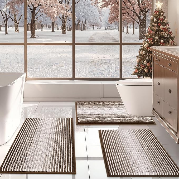 BSICPRO Bathroom Rugs Sets 3 Piece, Toilet Rugs U-Shaped Contour Bath Mat Set, Striped Absorbent Non Slip Chenille Shower Mat, Brown