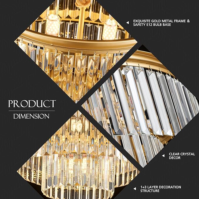 21.6" 14-Light Modern Crystal Chandelier Light Fixtures 4-Tier Gold Luxury Chandeliers for Dining Room Round Hanging Pendant Lighting for Living Room Kitchen Entryway Bedroom Foyer Hallway