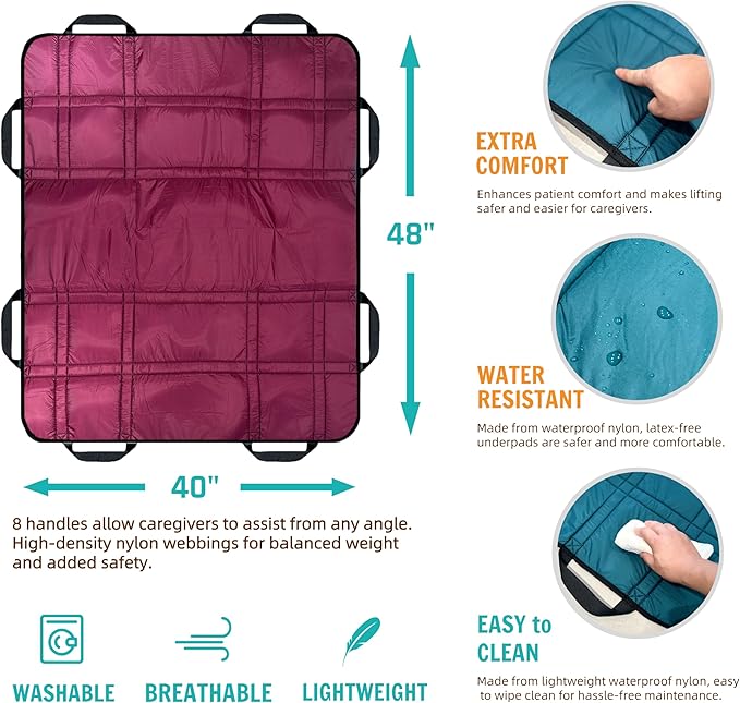 Upgraded 3-Layer Comfort Positioning Bed Pad with Handles Washable Waterproof Transfer Board for Turning Moving Patient Inconvenience Care Transfer Sheet, 48" x 40", Large, Mystic Plum