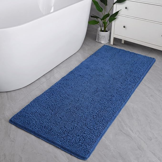 LOCHAS Luxury Bathroom Rug Shaggy Bath Mat 24 x 48 Inch, Washable Non Slip Bath Rugs for Bathroom Shower, Soft Plush Chenille Absorbent Carpets Mats, Blue