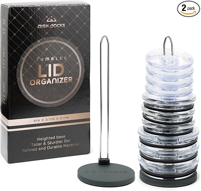 2-pk Tumbler Lid Organizer for Cabinet & Countertop - Slim Space-Saving Lid Holder with 9" Sturdy Bar & Weighted, Non-Slip Base - Vertical Storage Cup Lid Organizer - Collapsible Lid Rack for 10 Lids