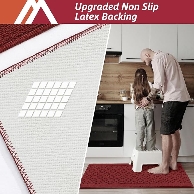 COSY HOMEER-Kitchen-Rugs-and-Mats 20"x48" Non Slip Kitchen Mats for Floor Absorbent Washable Kitchen Runner Standing Floor Mat for Sink Mat,Entry,Laundry,Polypropylene,Red