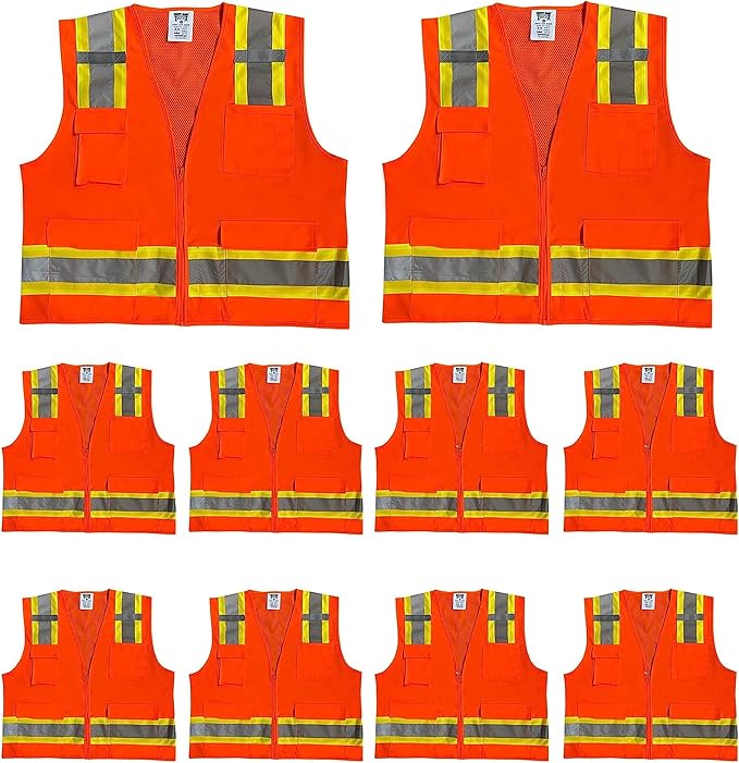 Premium High Visibility Surveyor Vest Solid Front Mesh Back, 10 Pack