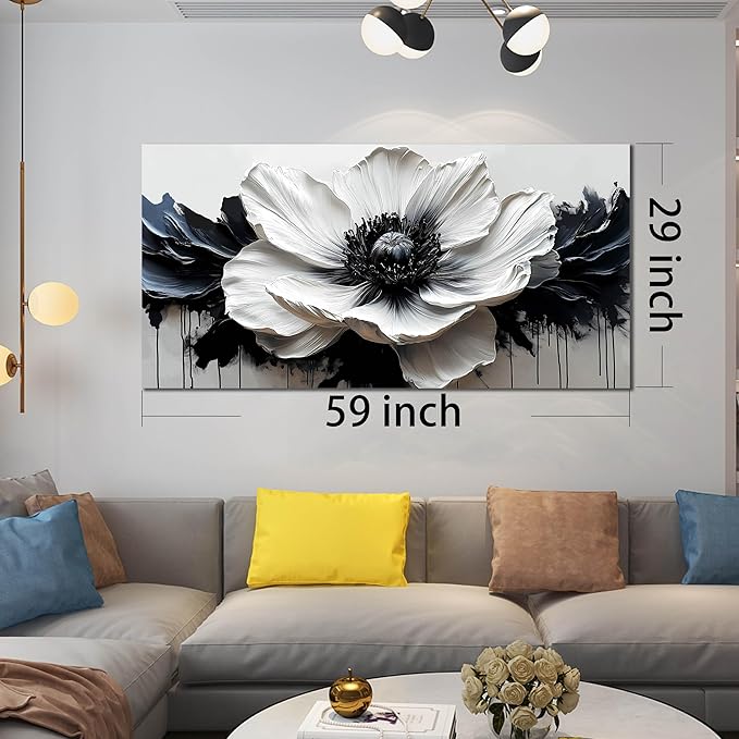 Black and White Flower Wall Art for Bedroom - Large Canvas Wall Art Living Room - Floral Wall Decor for Teen Girls Size 29" x 59"