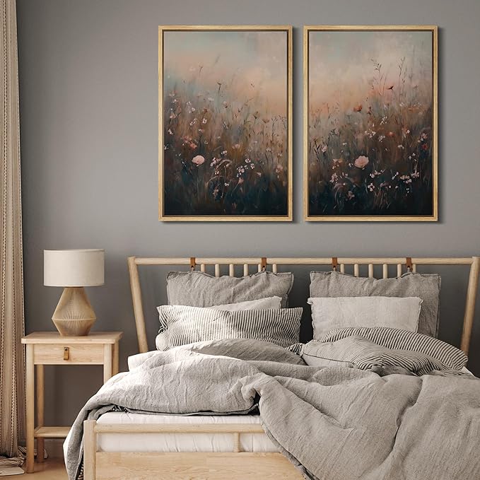 MUDECOR Framed Canvas Print Wall Art Forest and Lake Landscape Vintage Nature Scenery Illustrations Modern Art Decorative Bohemian Chic for Living Room, Bedroom, Office - 16"x24"x2 Natural