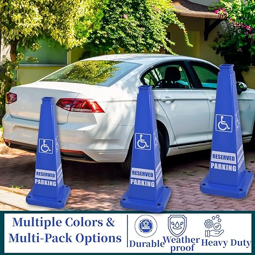 BESEA Reserved Parking Cone 3 Pack, 28" No Parking Sign Cone with Weighted Base, Blue 4-Sided “ Reserved Parking” Warning Cone for Driveways Business Parking Lots Garages Indoor/Outdoor