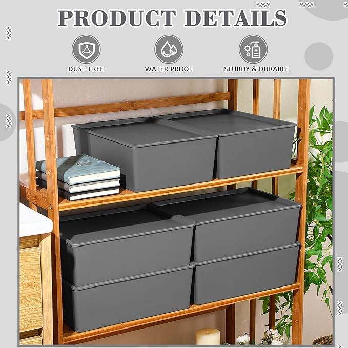 Menkxi 6 Pcs Plastic Storage Bins with Lids Stackable Storage Containers Durable Box Baskets for Organizing Shelves Playroom Classroom Office (Large,Grey)