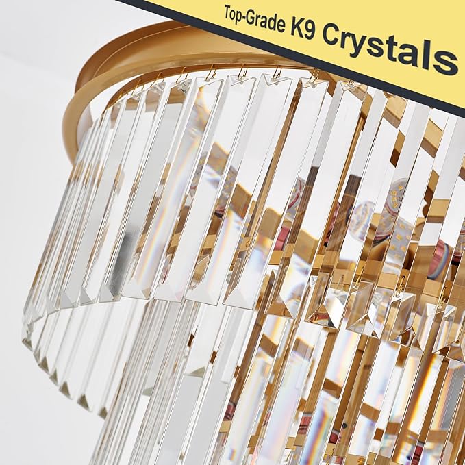 4-Tiers 23.6" Gold Crystal Chandelier Modern 12-Light Contemporary Crystal Pendant Chandeliers Light Fixture Hanging Lighting for Dinning Room Entryway Bedroom Foyer High Ceiling