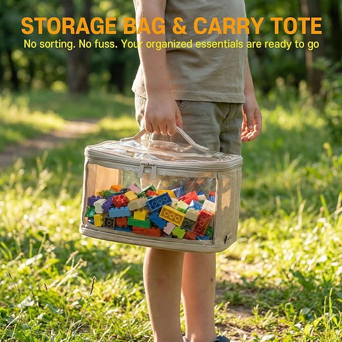holay Clear Toy Storage Bags with Handle, 4 Pack Playroom Storage Organizer Bins Kids Toys, Board Games, Busy Bags, and Homeschool Supplies –Transparent PVC with Reinforced Base(Brown, Small)