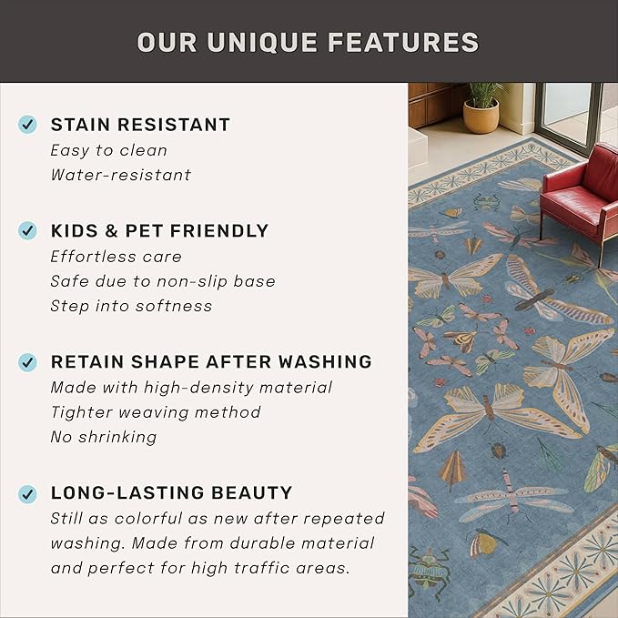 Boho Non Slip Kitchen Rug Runner - 2x5 Blue Washable Thin Rug for Bathroom, Laundry Room, Hallway, Non Slip with Rubber Backing, Insect Print Unique Runner