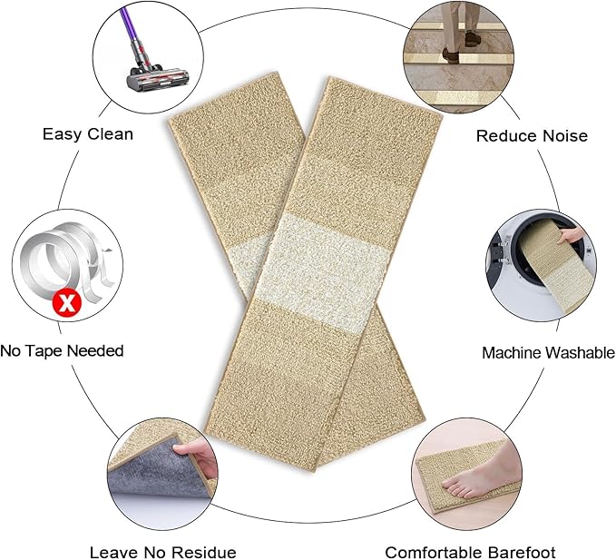 OLANLY Stair Treads Non Slip 15PCS, 8" x 30" Indoor Stair Runners for Wooden Steps, Edging Stair Rugs with Reusable Peel and Stick Adhesive for Kids Elders and Pets, Beige