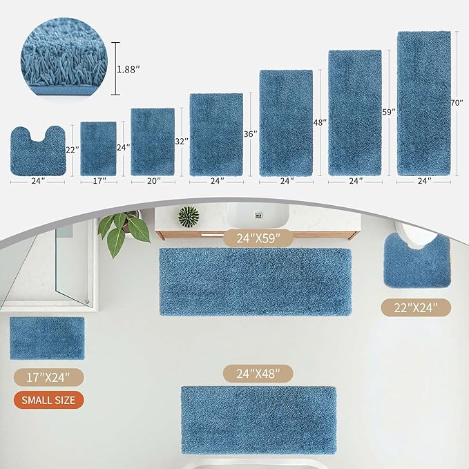 Bathroom Rug 20x32 Non Slip Fluffy Blue Bath Mat for Bathroom Floor Washable Plush Luxury Bath Rug for Tub Soft Shaggy Absorbent Shower Sink Mat