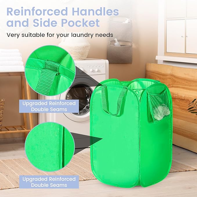 HOUSE AGAIN Upgraded Pop-up Laundry Hamper, Collapsible Laundry Basket with Durable Handles Solid Bottom High Steel Frame, Portable Foldable Dirty Clothes for Dorm, Laundry room Travel, Green