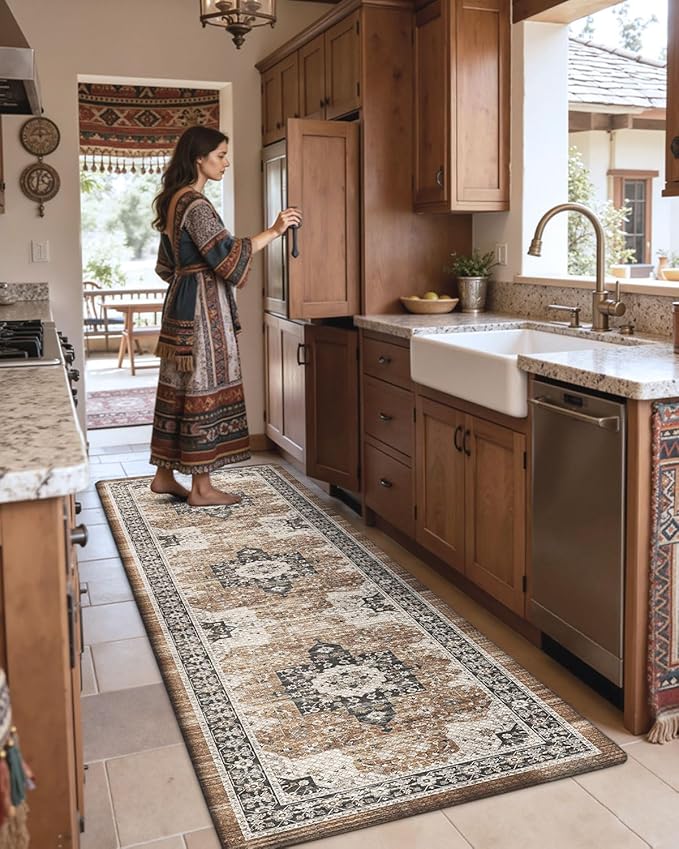 DEXI Kitchen Floor Mats Cushioned Anti Fatigue, 23x86 Long Wide Standing Comfort Runner Rug, Waterproof Retro Floral Memory Foam Padded for Front Sink Laundry, Brown/White