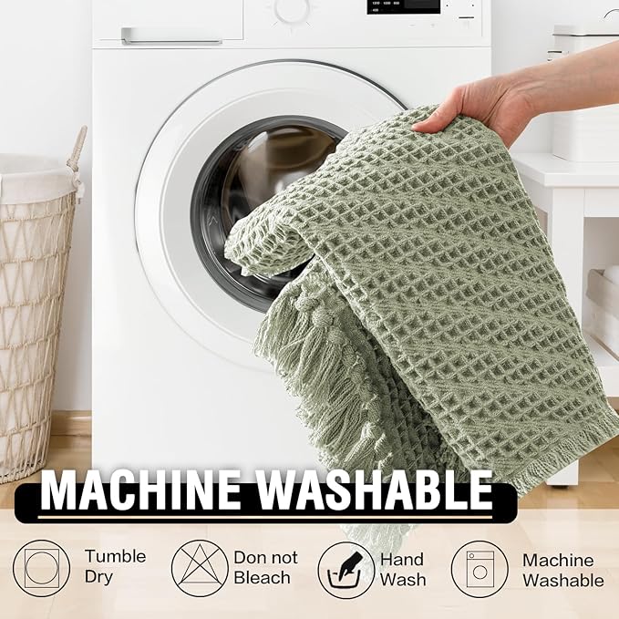 H.VERSAILTEX Waffle Bath Mat Super Absorbent Boho Bath Mat Non Slip Bath Rugs for Bathroom Floor Machine Washable Dry Fast Bathroom Rugs with Handmade Tassels, 17" x 24", Sage
