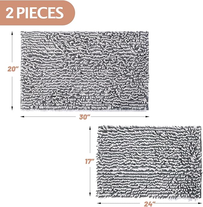 Bathroom Rugs 2 Piece Set – Absorbent, Non-Slip, Soft Chenille Bath Mat, Machine Washable, Comfortable Floor Mats (24"×17” & 20"×30”, Gray Grey)